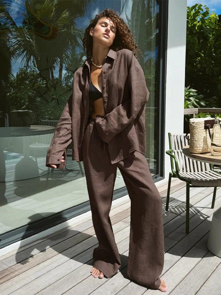Womens Two Piece Pants Solid Loose Cotton Linen Shirt Suit Women Fashion Street Lapel Single Breasted Flax Outfits 2025 Summer Holiday Sets