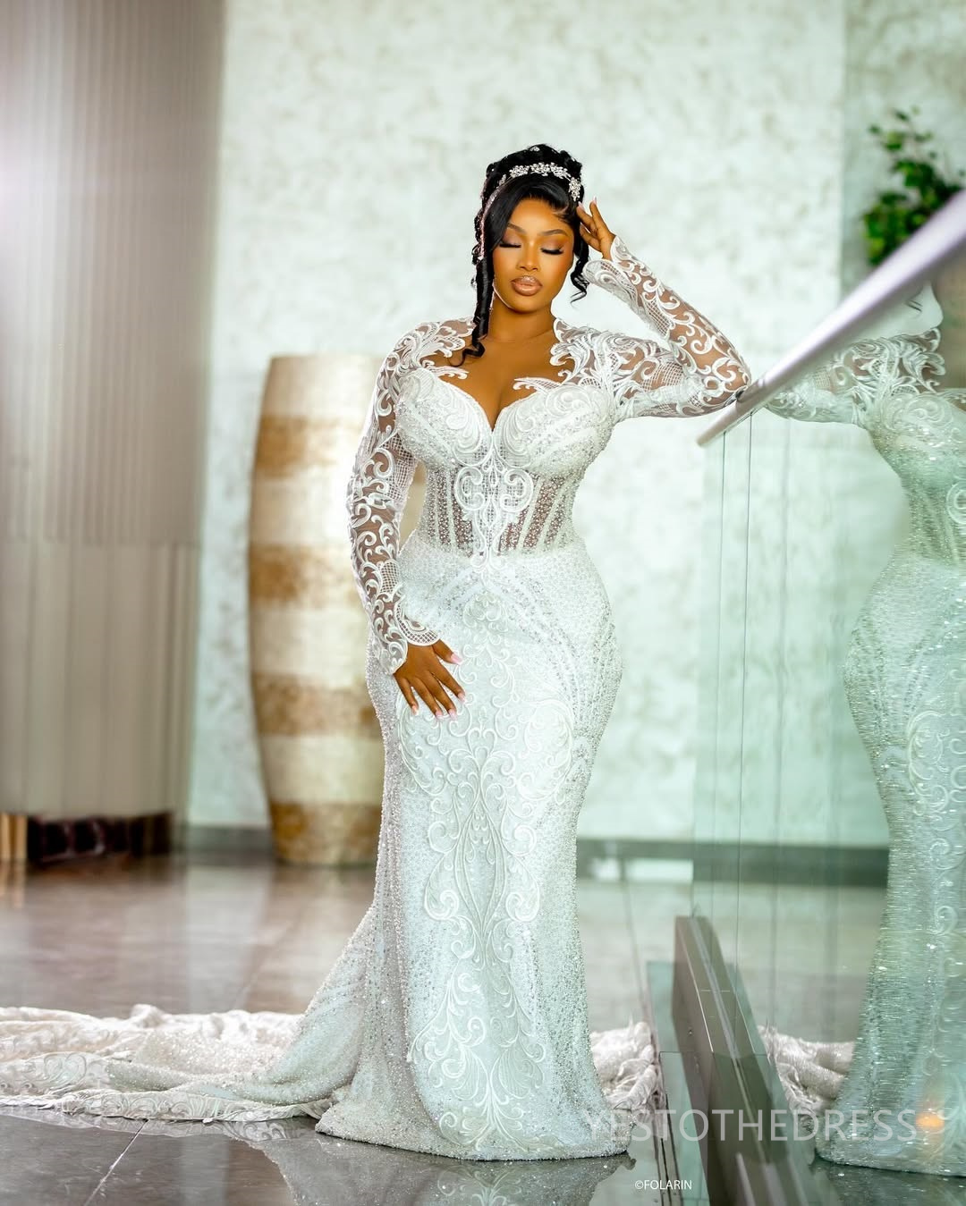 2025 Plus Size Mermaid Wedding Dress For Bride Bridal Gowns Long Sleeves Sheer Neck Long Sleeves Beaded Lace Tiered Tulle Wedding Gowns For African Bl