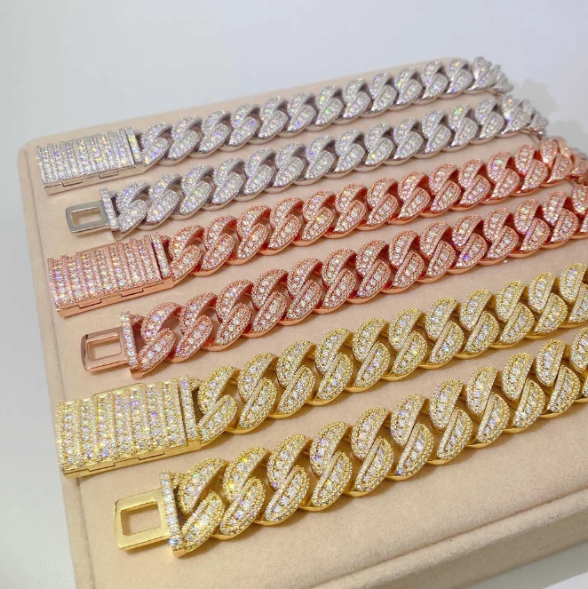 Men's Luxurious Multi-Layer Moissanite Cubic Link Bracelet in White and Rose Gold Colors