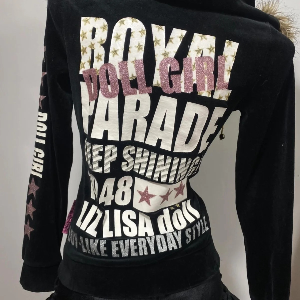 Winter y2k retro letter printing spice with fluffy collar cat earmuffs zipper hoodie cardigan coat top emo girl 250403