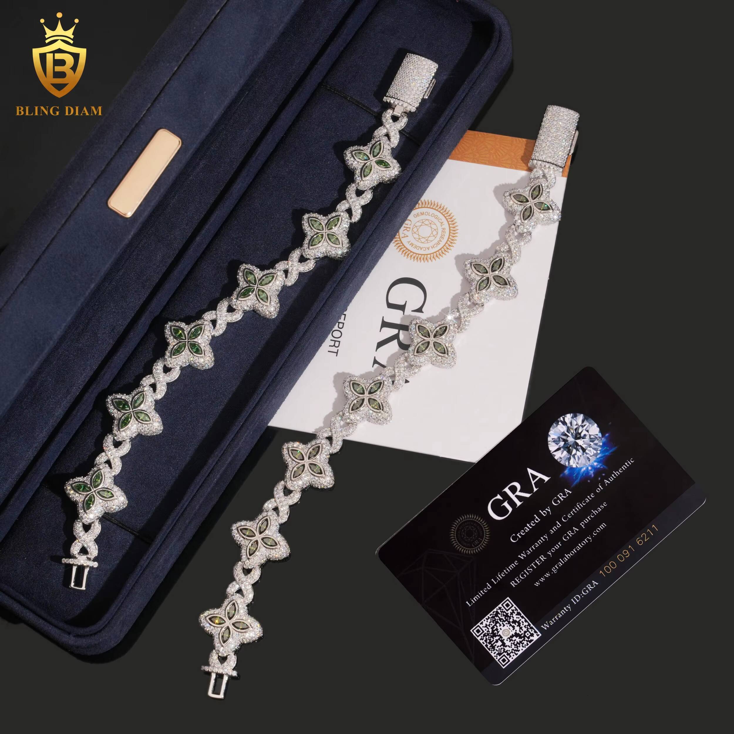 New Moissanite Bracelet 925 Sterling Silver Chain 18mm Olive Green Marquise Cut Moissanite Bracelets Bangles Fashion Jewelry