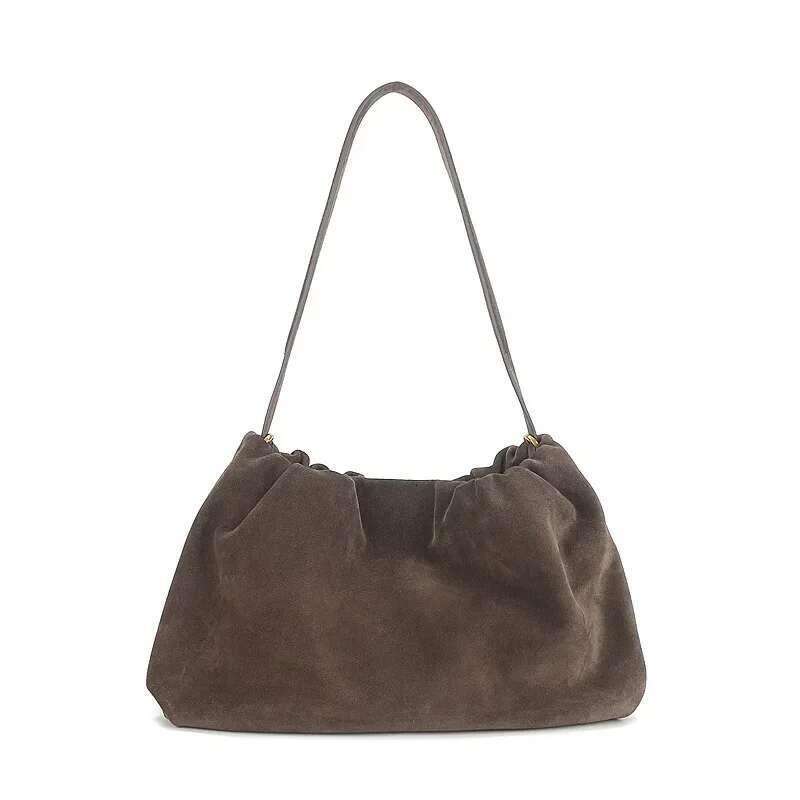 Ruched Korean Kakhi Coffee Designer Armpit Shoulder Bag 2 Straps Real Matte Suede Cow Leather Women Handbag 2025 Chamois Tote