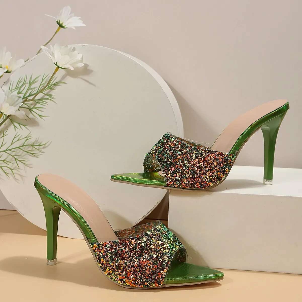 2024 New Gradual Color High Sequin Sandals Summer Fashion Slipper Fish Mouth Slim Heels Large Size Women's Shoes