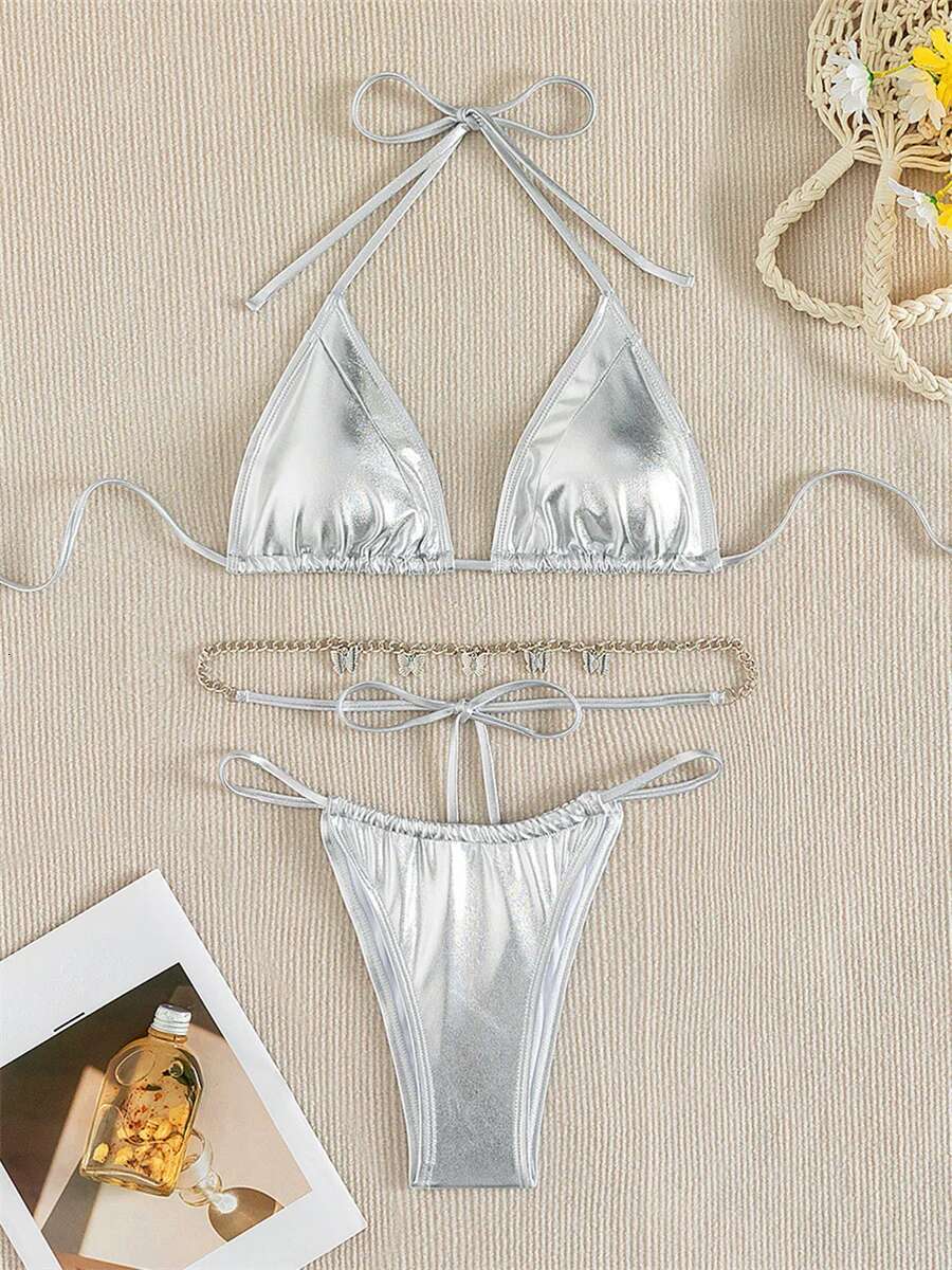 Dongdumaoyi Sexy Brozing Silver Bikinis Luxury Metal Butterfly Chain Belt Micro Swimsuit Push Up Beach Bathing Suit Thong Swimwear