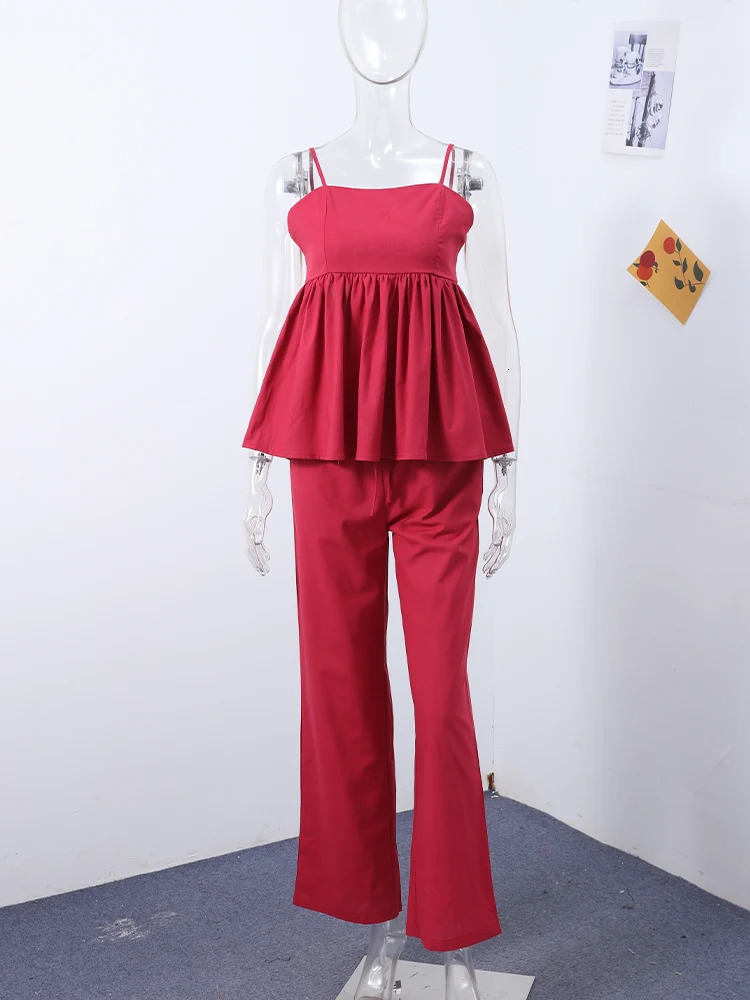 Ruffled Hem Tank Top Pants Sets Women Elegant Sleeveless Backless Loose Strap Vest Wide Leg Trousers Suits 2 Pieces Lady Holiday 250407