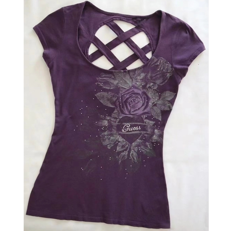 American retro hollow n purple rose print Tshirt womens clothing Y2K millennium street girl casual Harajuku ultrathin top 250311