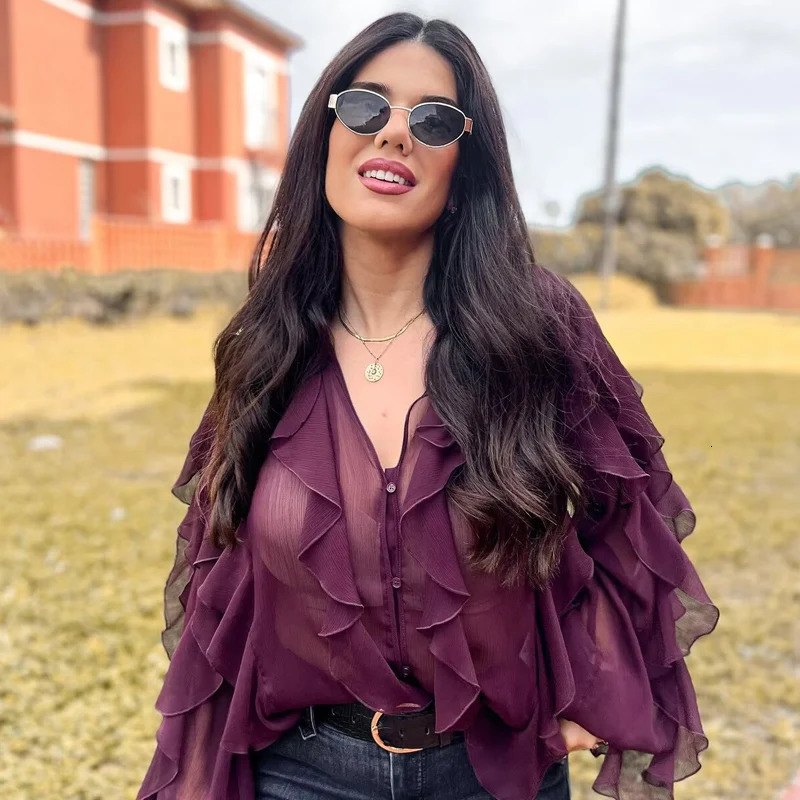 TRAF Womens Yellow Purple Shirt and Summer Ruffle Long Sleeve Fashion Layered Translucent 250407