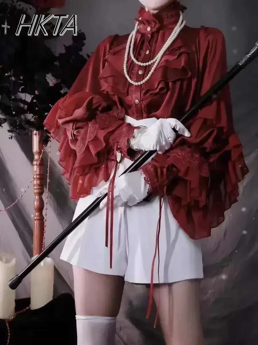 Gothic Style Batwing Sleeve Shirt Women Lolita Loose Spring Autumn Ladies Elegant Red And Black Top Solid Color Blouse
