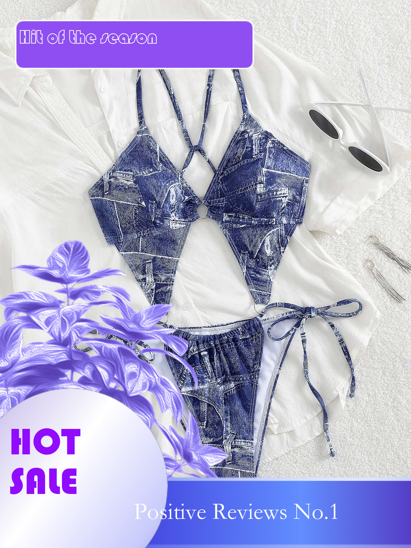 Dongdumaoyi Sexy Jean Bikinis Sets Women Halter Metal Ring Hollow Out Bandage Crop Top Thong Swimsuit Beach Bathing Suit Micro Swimwear