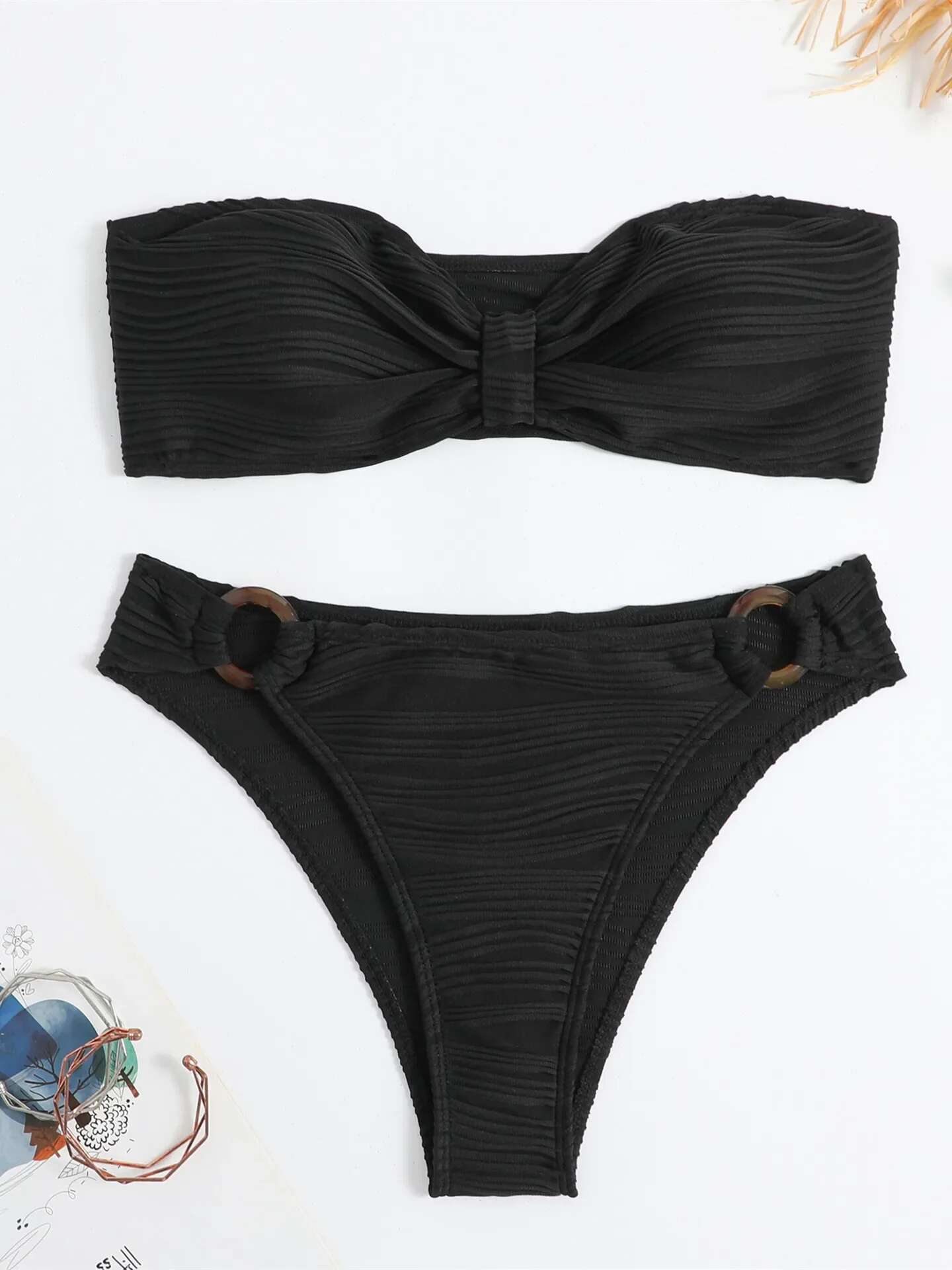 Dongdumaoyi Sexy Bandeau Bikini Women Front Tie Up Swimsuit Green Black Off Shoulder Cut Out Push Bathingh Suits Triangle Swimwear