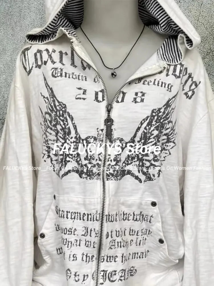 Grunge Print ultrathin waist Y2k hooded sweatshirt autumn zipper retro womens casual fashion long sleeved top 250403