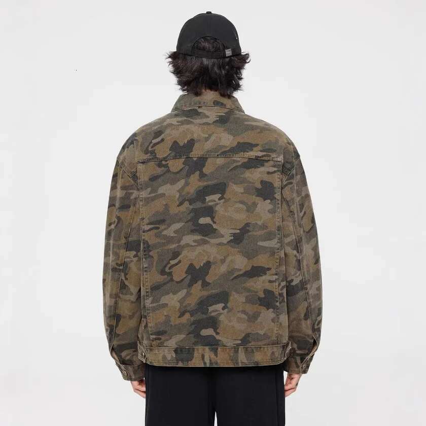 Camouflage Pure Cotton Men Streetwear Fashion Hip Hop Loose Casual Vintage Hole Denim Varsity Jacket Cowboy Coat