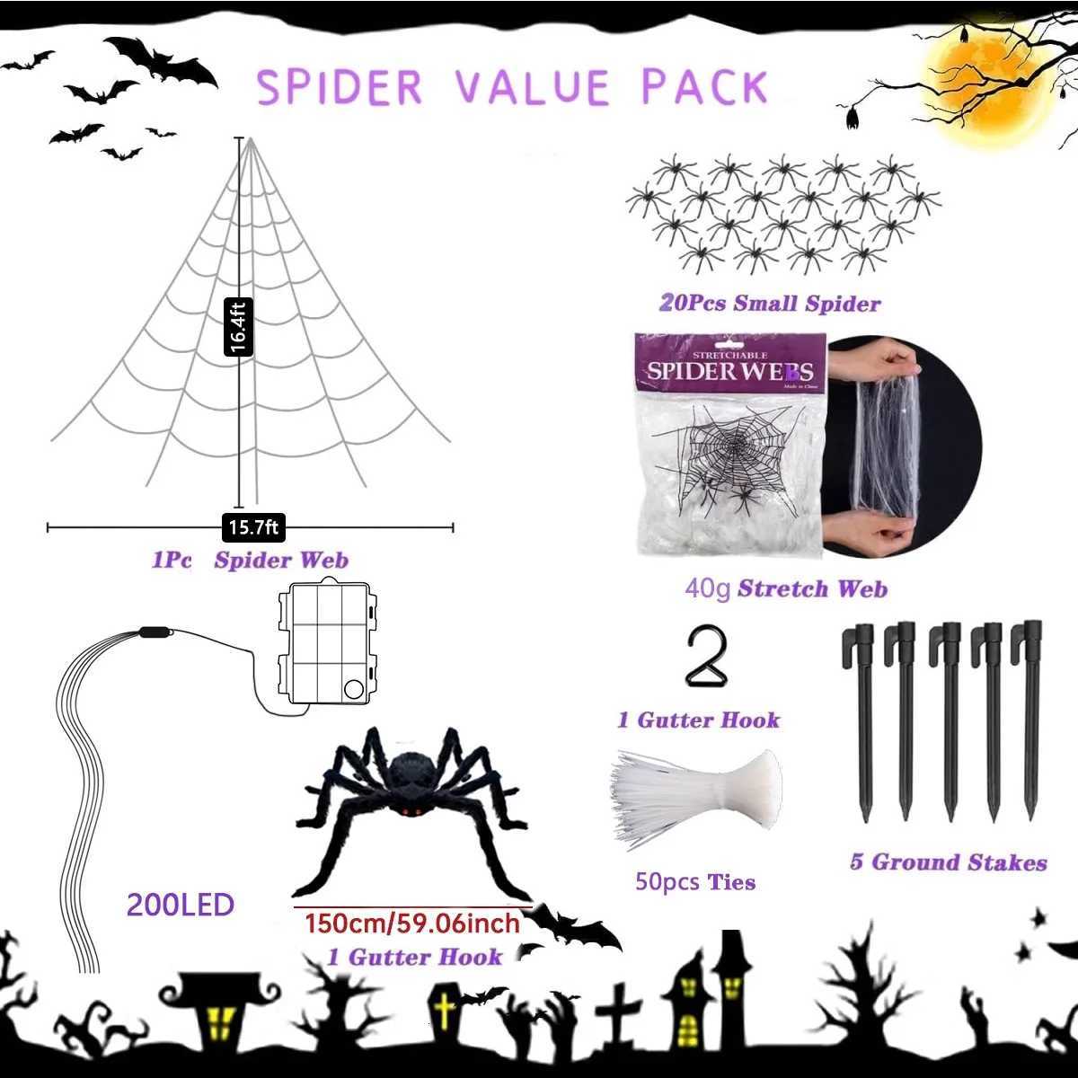 1pc Halloween Spider Web Lights with Large Spider And 200LED Purple String Light For Home Garden Holiday Halloween Decoration W251107