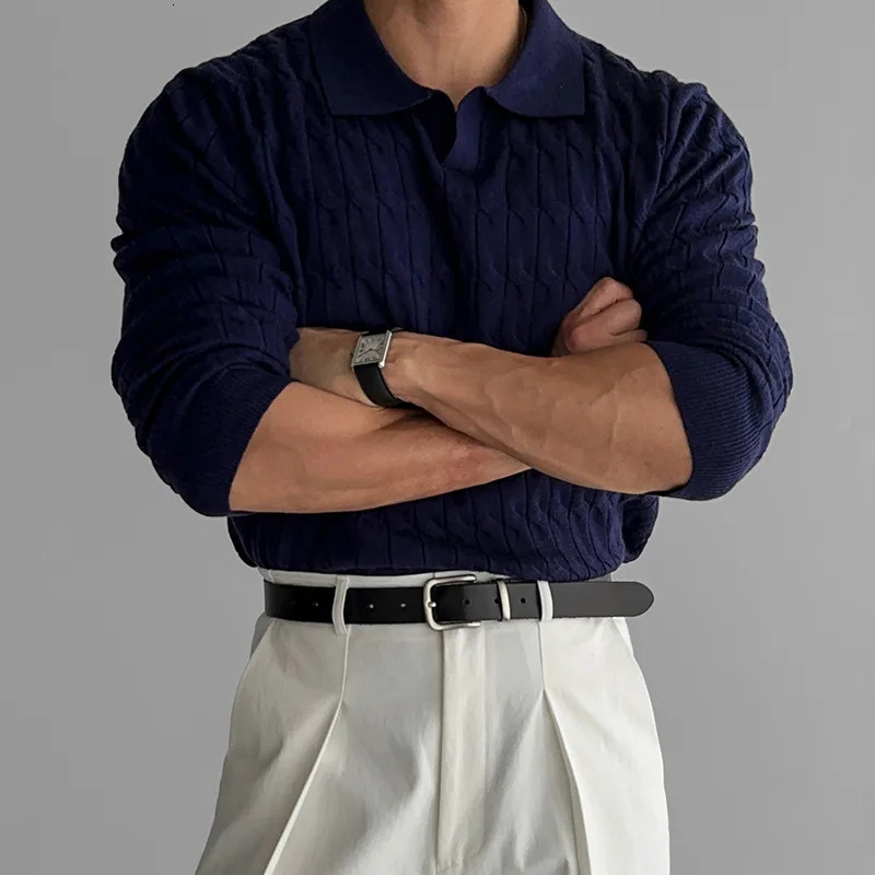 Mens Knit Sweater Polo Shirt V Neck Cable Stitch Business Collar Long Sleeve T Shirt Autumn Winter 251105