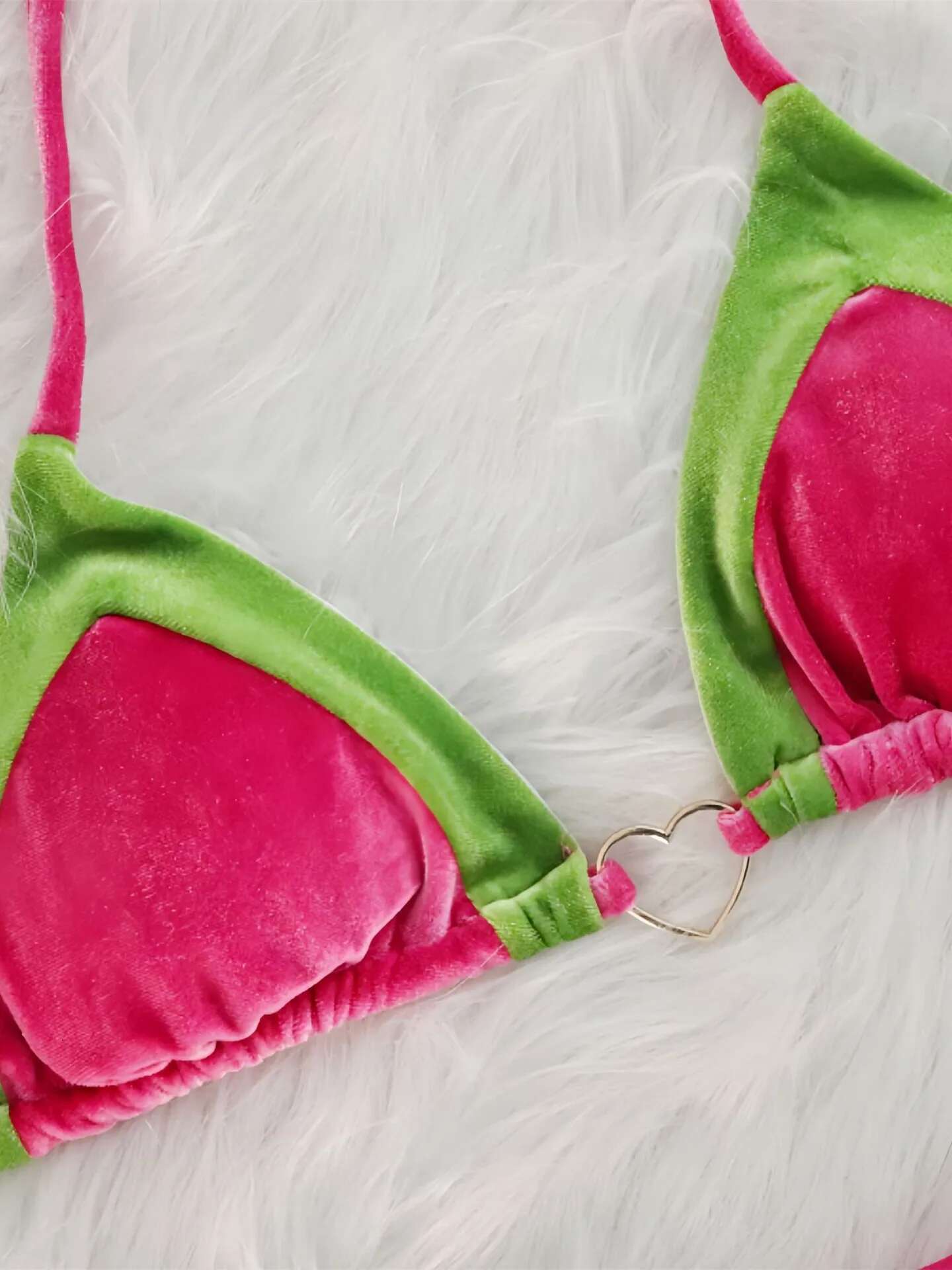 Dongdumaoyi Sexy Velvet Bikini Women Metal Heart Decoration Green Hot Pink Patchwork Push Up Micro Swimsui Bathing Suit Thong Swimwear