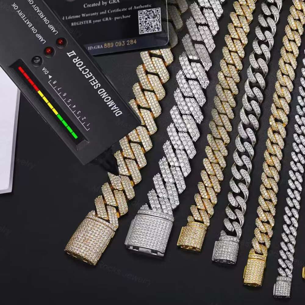 15mm 3 Row Moissanite Cuban Chain Hiphop Iced Out 925 Sterling Silver Moissanite Cuban Link Chain