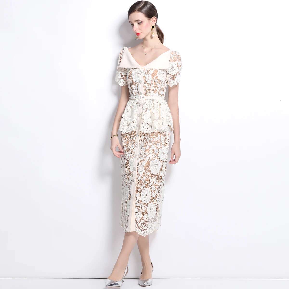 Quality Summer Beaded Dias Embroidery Beige White Lace Evening Dress Women Short Sleeve Ruffle Peplum Midi Prom Dresses Long