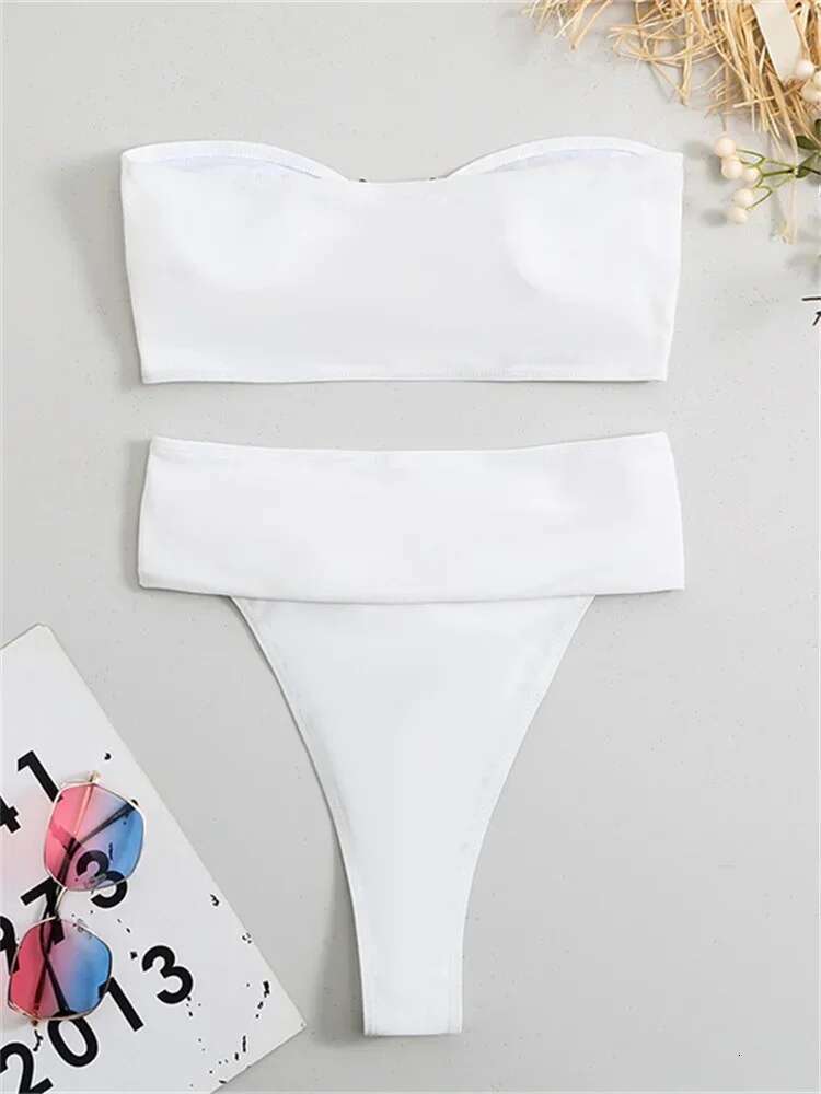 Dongdumaoyi Luxury Metal Designer High Waist Bikinis Sets Women Solid White Black Bandeau Push Up Swimwear Bathing Suit Thong Swimsuit