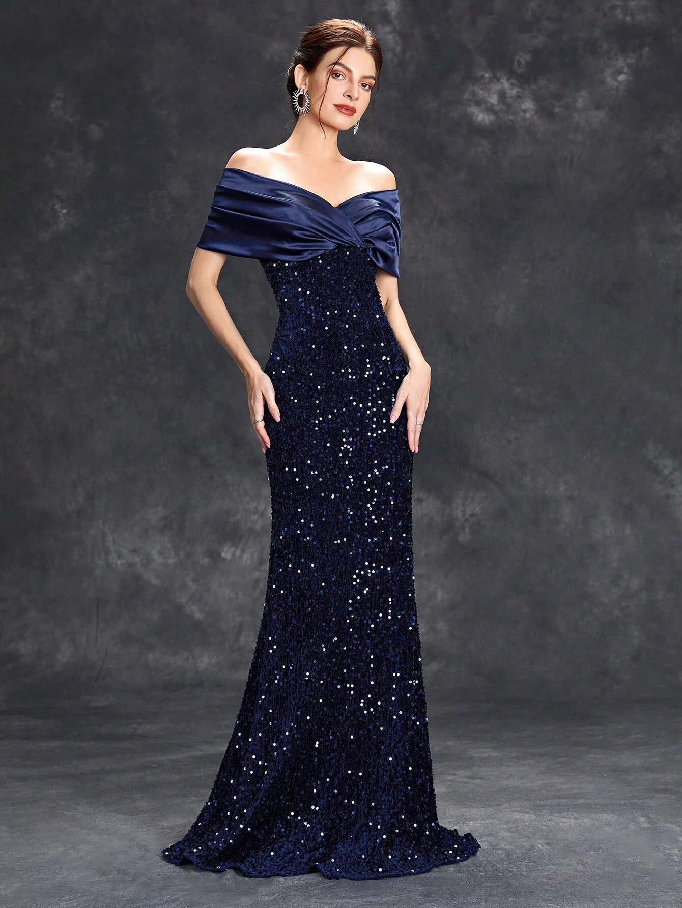 Mgiacy E Neck Pleated Tint Sequin Veet Fishtail Dress Evening Gown Ball Party Bridesmaid Dress