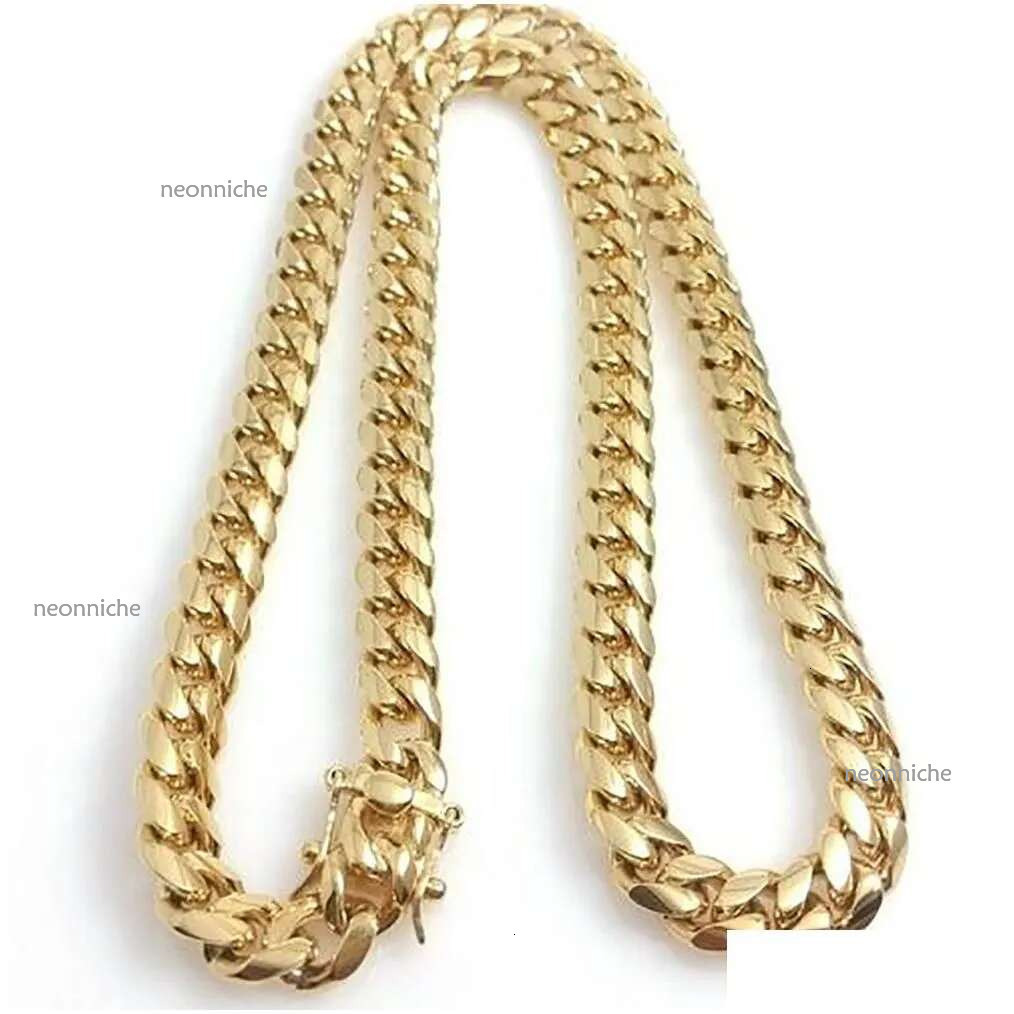Chains Gold Plated Stainess Steel 10Mm 12Mm 14Mm Polished Miami Cuban k Necklace Men Punk Curb Chain Double Safety Clasp 18Inch Ot06H