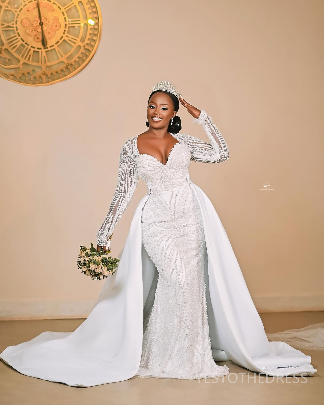 2025 Plus Size Mermaid Wedding Dress For Bride Long Sleeves Detachable Train Sweetheart Long Sleeves Beaded Lace Tiered Tulle Wedding Gowns For Black 