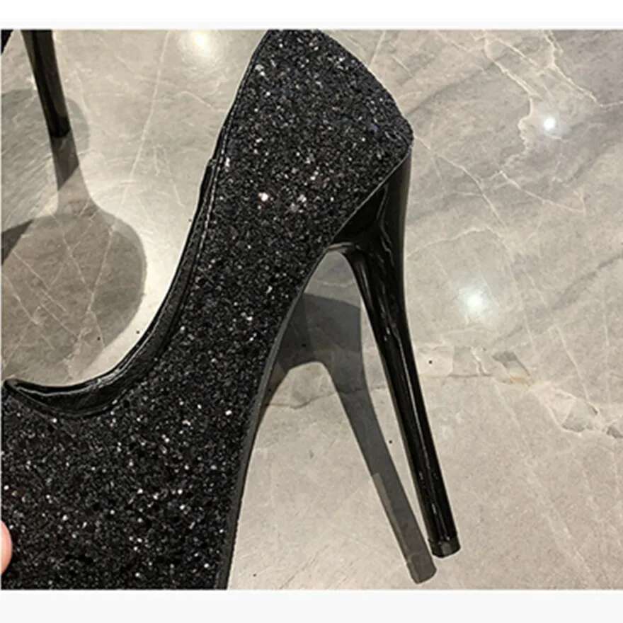 10/12/14Cm Super High Heels Women Pumps 2024 Autumn Fashion Sequined Cloth Peep Toe Shoes Black Platform Sexy Ladies Party Dress