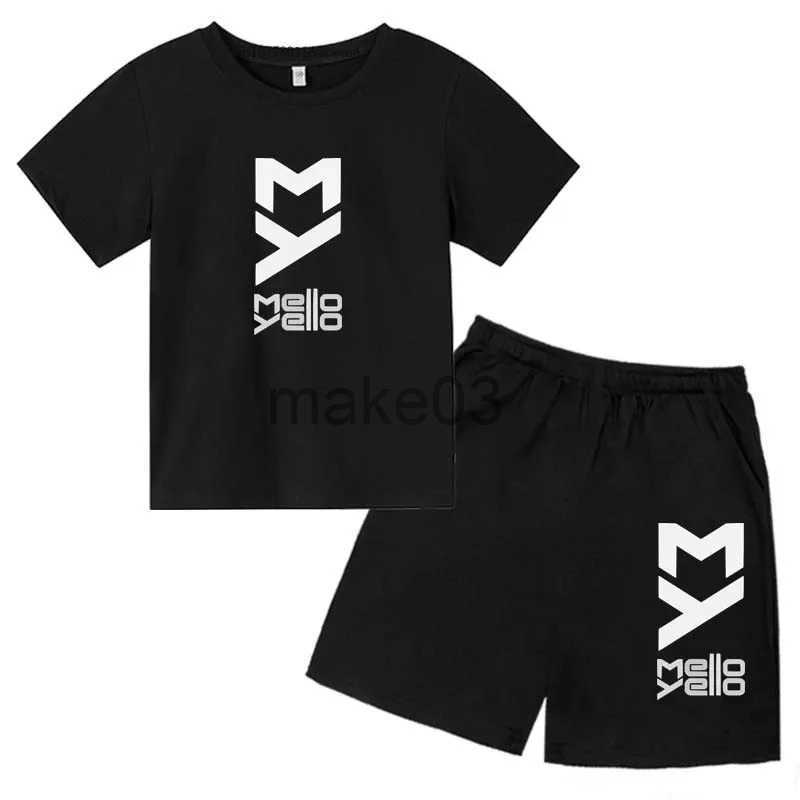 Childrens summer printed 2-piece T-shirt+2-piece short sleeved sports suit boys and girls aged 2-13 casual clothing for childrens set J250403