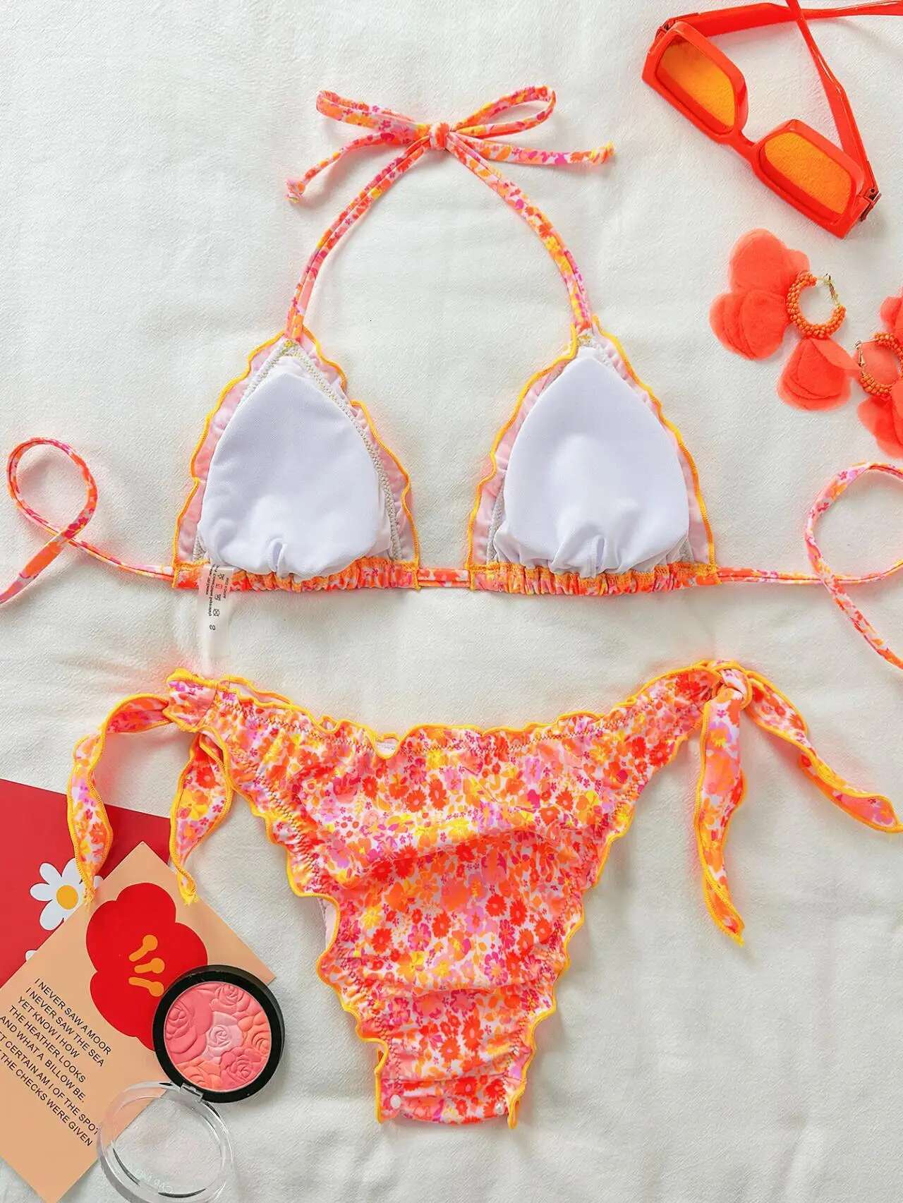 Dongdumaoyi Cute Orange Floral Print Bikini Set Women Halter Ruffles Push Up Tie Side Thong Swimsuit Summer Bathing Suit Micro Swimwear