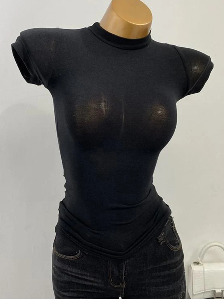 Half high neck Korean transparent short sleeved slim fit elastic solid midsole shirt sexy big chest Tshirt 250407