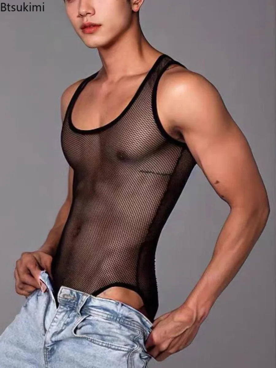 Fashionable mens sleeveless mesh jumpsuit vest breathable and sexy hollow appearance for casual home wear mens triangle tight fitting clothes 250403