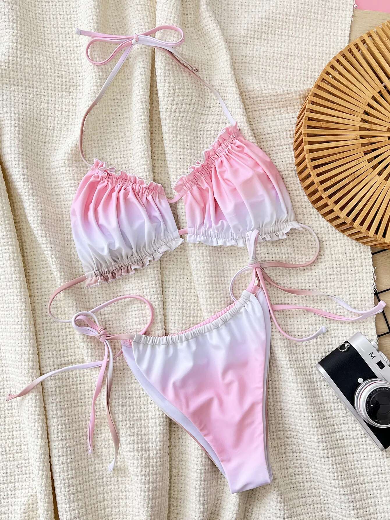 Dongdumaoyi Sexy Pink Gradient Bikini Mujer Women Halter Pleate Push Up Micro Swimsuit Beach Bathing Suit Tie Side Triangle Swimwear