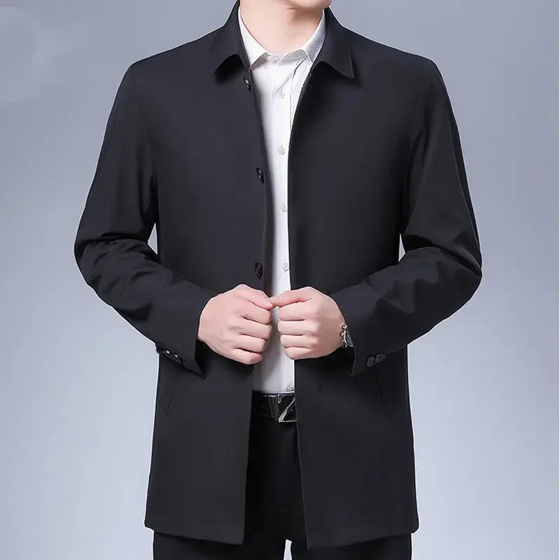 Casual Business Collar Windshield Jacket Mens Coats High Quality Spring Trench Solid Color Medium Length 250313