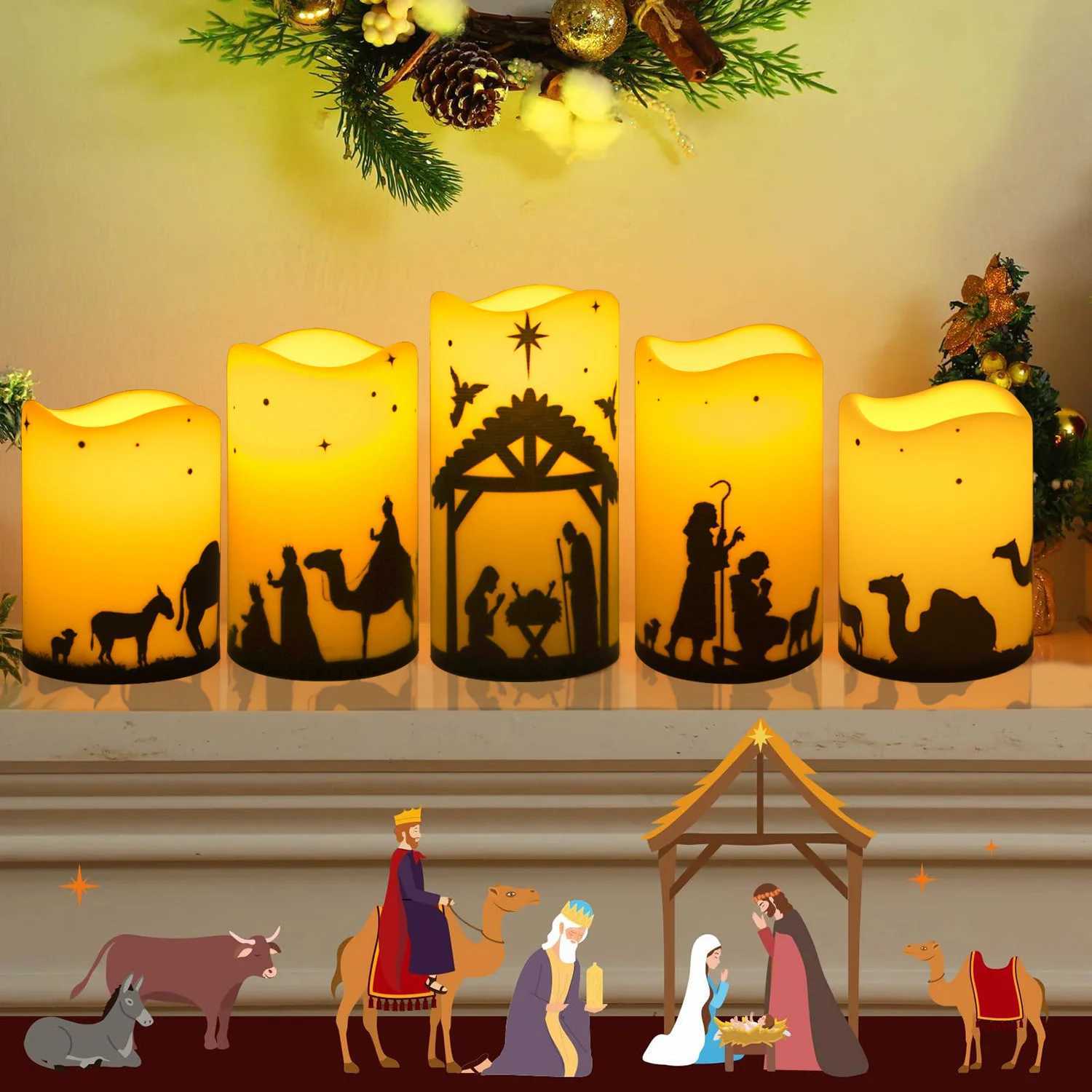 5pcs Flameless LED Christmas Nativity Scene Candle Lights Battery Powered Religious Pillar Decoration for Indoor Holiday Home W251107