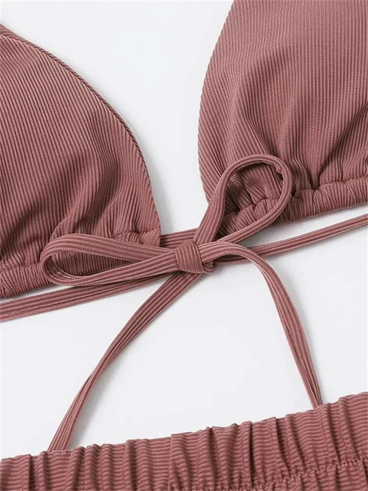 Dongdumaoyi Sexy Front Tie Piece Bikini Set Women Brown Push Up Padded High Waist Swimsuit Female Beach Bathing Suit Swimwear Biquini