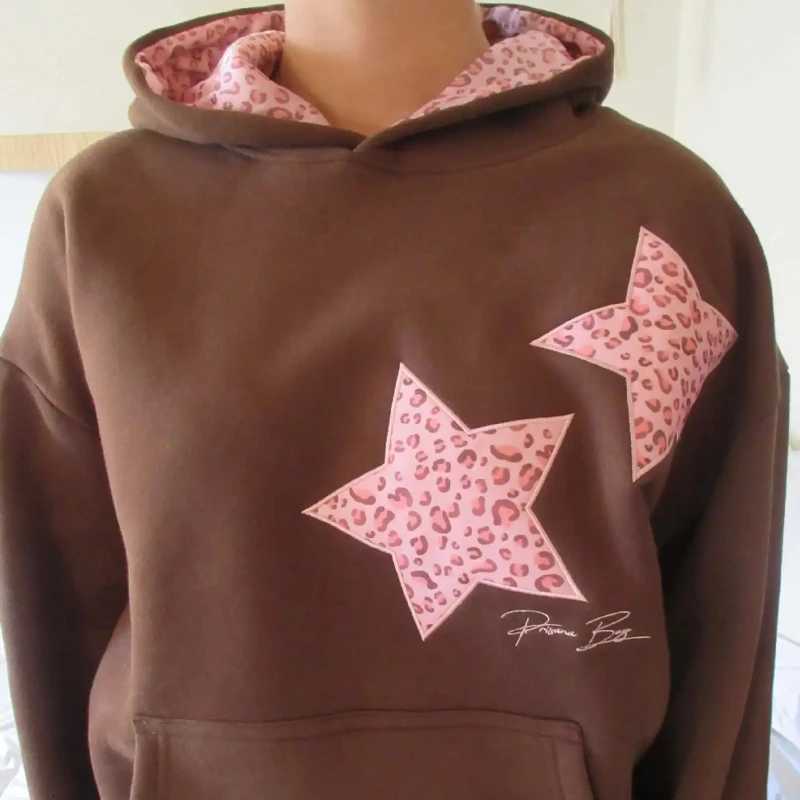 Unique Gray Leopard Print Contrasting Five Pointed Star Print Loose Hooded Pocket Hoodie Girls Autumn Winter Loose Pullover TopY251107