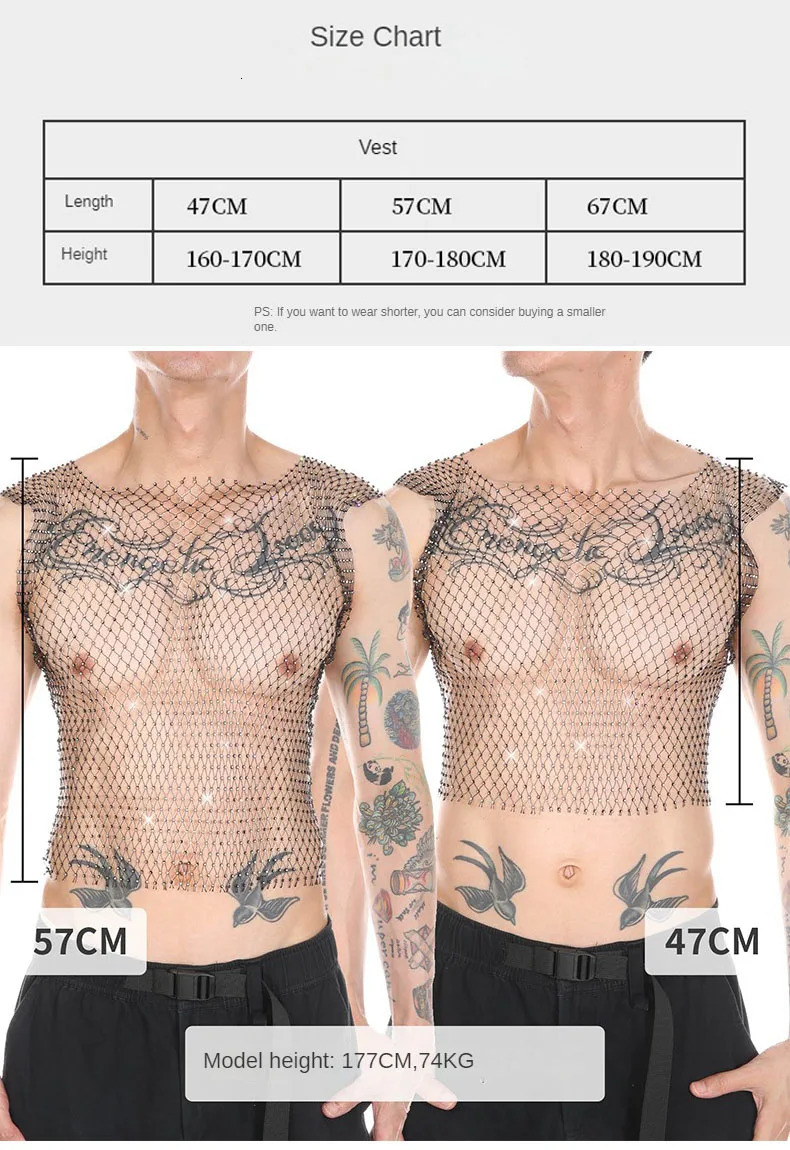 CLEVER-MENMODE Mens Fishnet Sexy Tank Top with Water Diamond Shining Transparent Hollow Tank Top Mesh Sleeveless T-shirt Transparent Clothing 250403
