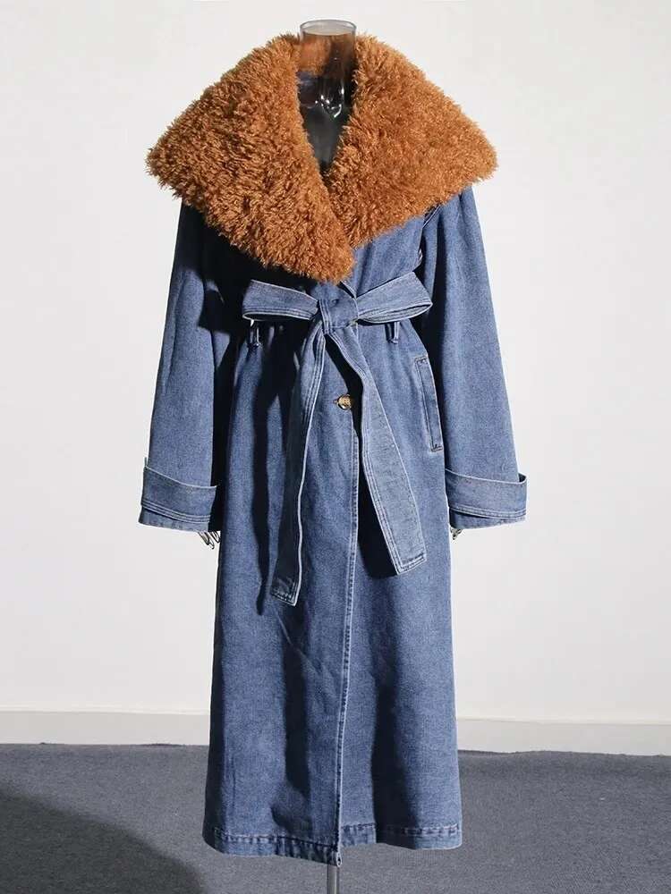 TWOTWINSTYLE Colorblock Patchwork Lace Up Denim Coat For Women Fur Collar Long Sleeve Loose Casual Trench Female Fashion Style