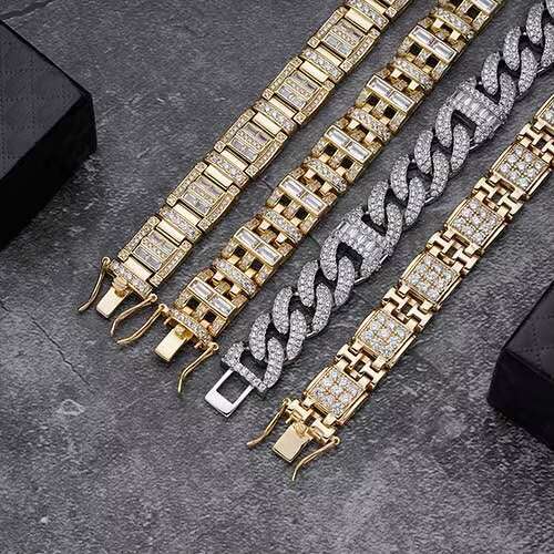 Hip Hop High Quality Pure Gold Plated Silver Iced Out Round Zircon Stone Baguette Prong Setting Cuban Link Chain Bracelet