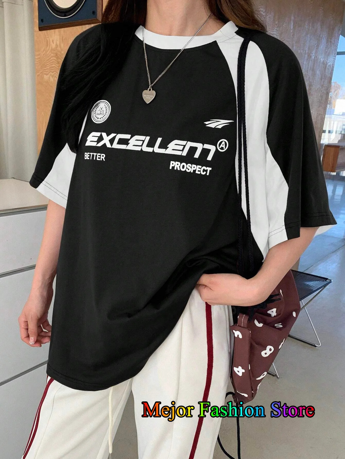 Summer womens Oneck printed Tshirt red patch short sleeved mesh sports football shirt Y2K oversized top 250407