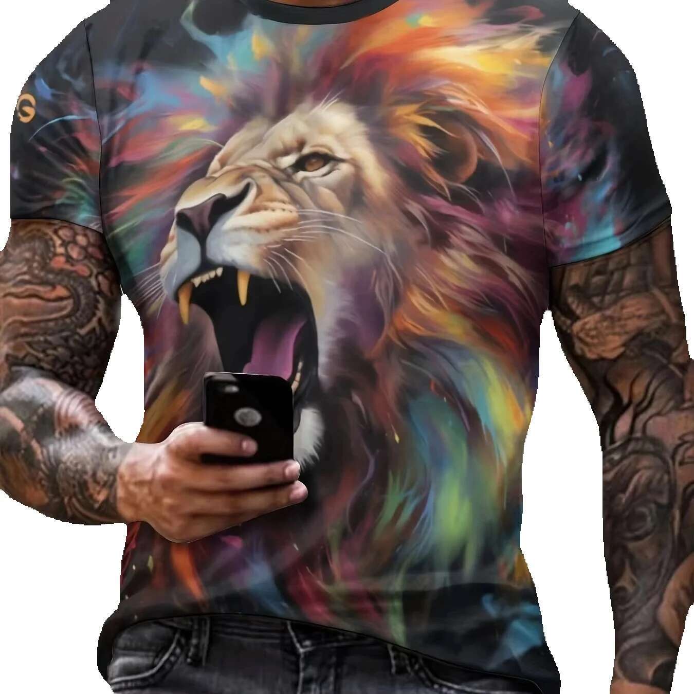 Beautiful 3D printed lion print men's short sleeved round neck T-shirt, soft and breathable, sweat absorbing