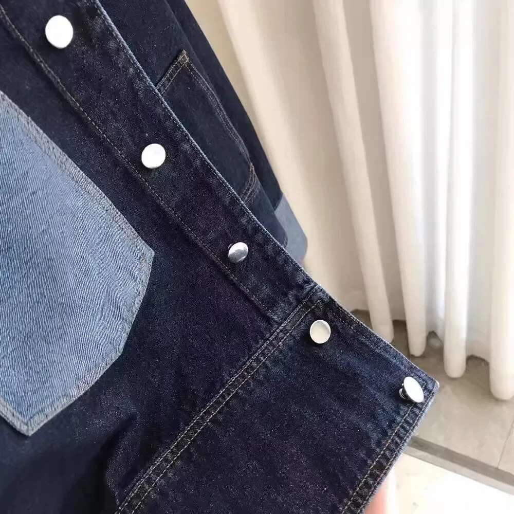 2024 New Style Women's Color Block Denim Jacket Loose Fit Casual Vintage Shirt Long Sleeve Deep Blue Outerwear Lapel