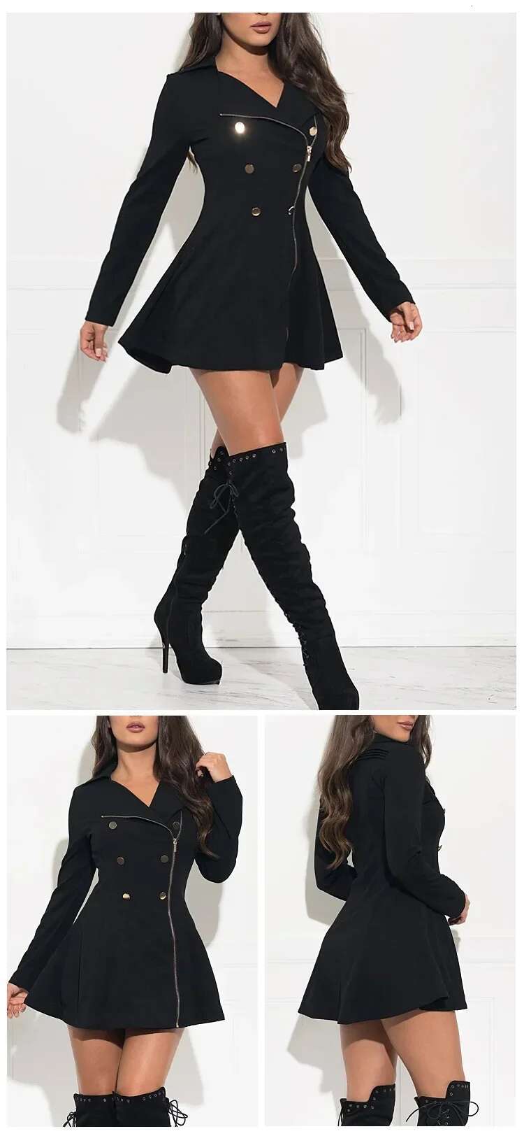 Black Jackets Women Zipper Trench Turn Down Collar Work Elegant Long Y2k Tops Autumn Spring Party Club Button Coats