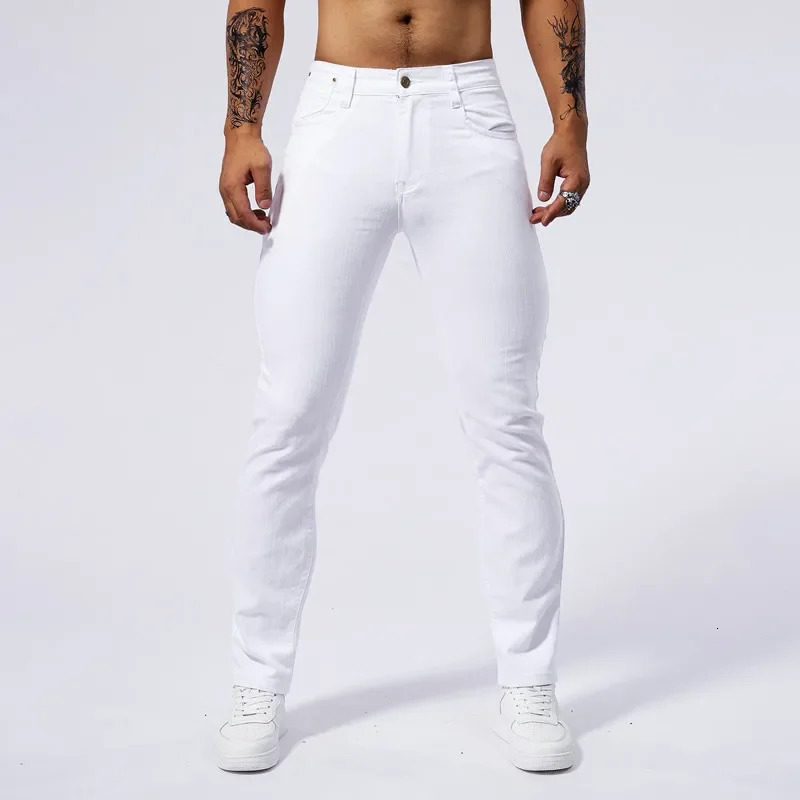 Fashionable elastic mens white jeans comfortable slim American street clothing denim pants 250401
