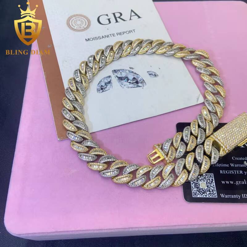 In Stock HipHop Style 15MM 925 Silver Moissanite Cuban Chain Pass Diamond Tester VVS Moissanite Necklace Chain Silver with GRA