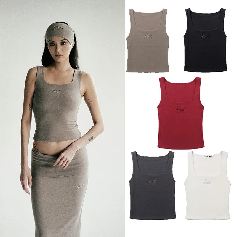 Badblood Soft Square Collar Tank Top Womens Sexy ed Charcoal Grey Sleeveless Short Bottom Shirt Summer 250407