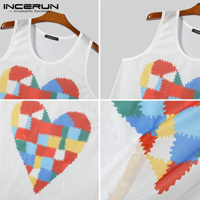 Fashionable fit top INCERUN mens colorful heart-shaped vest interesting hollow mesh sleeveless vest S-5XL 250403