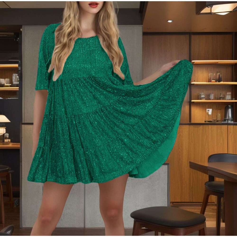 Cross-Border Trade New Fashion Round Neck Loose Waist Sleeve Short Dress Sequin Gown