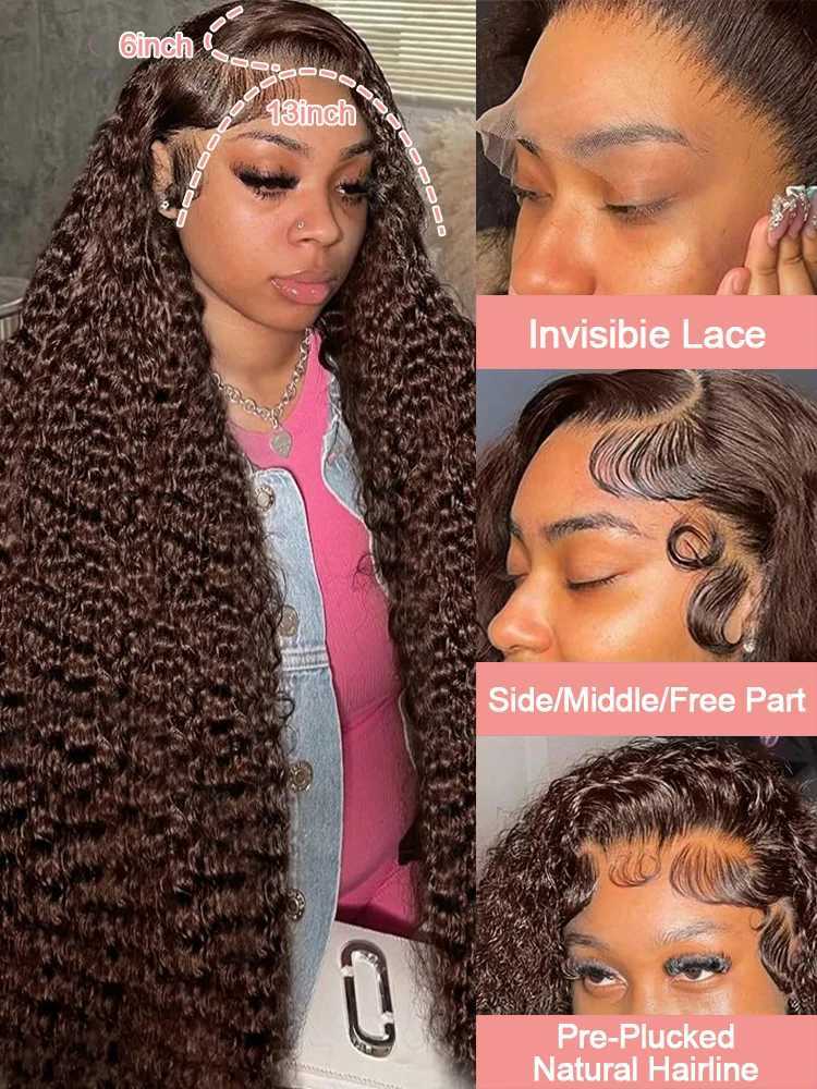 200 Chocolate Brown Deep Wave Human Hair Wig 30 40Inch Transparent Lace Frontal Wigs For Women 13x6 Lace Front Water Curly Wigs W251107