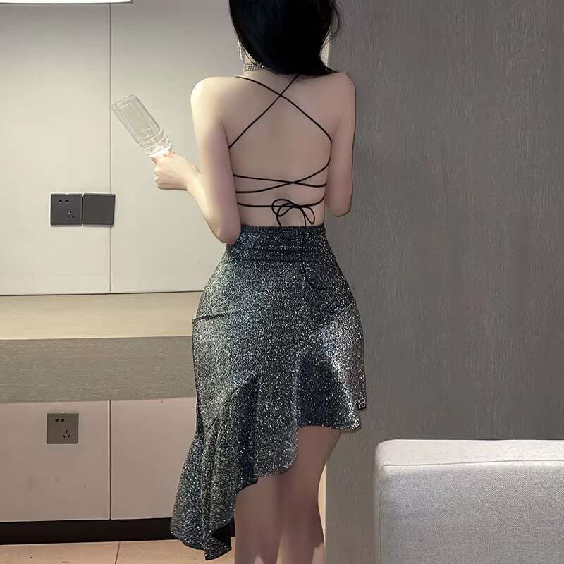 Wholesale Shiny Dresses Ladies Clubwear Backless Straps Sexy Pamas