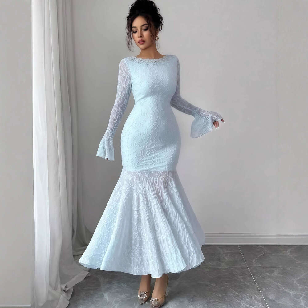 2025 Early Autumn New Solid Color Flared Sleeve Round Neck Slim Fit Long Mermaid Dress for Women